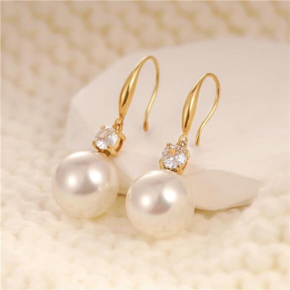 18K Gold-Plated Classic Pearl Drop Earrings – CZ Accents, Seashell Pearls - Picture 1 of 7